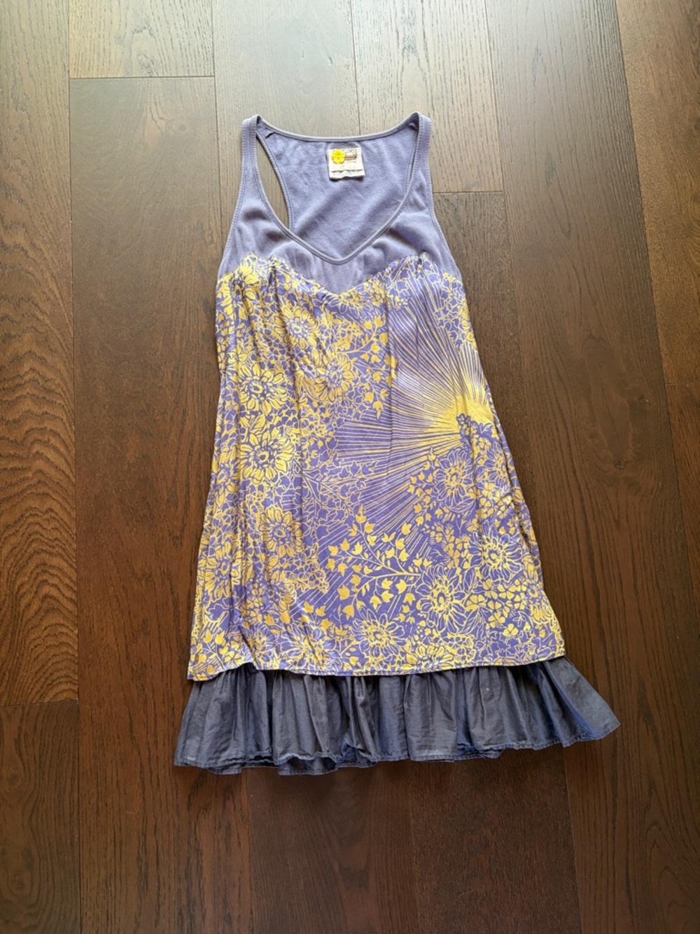 Vintage Free People Purple & Yellow Floral Tank Dress w Ruffle Hem